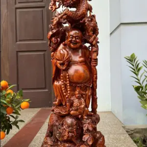 Tượng Di Lặc Rồng Đứng Nghê Hàng Kỹ Đẹp Gỗ Sưa Bắc Đỏ Vip Liền Khối G5309
