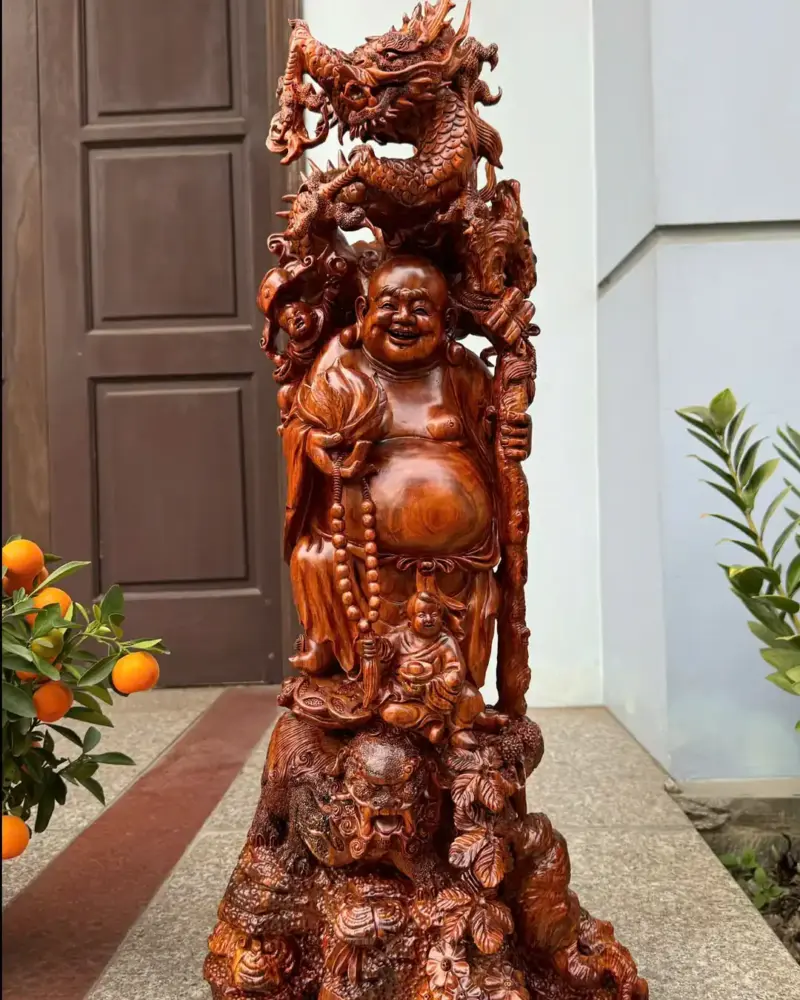 Tượng Di Lặc Rồng Đứng Nghê Hàng Kỹ Đẹp Gỗ Sưa Bắc Đỏ Vip Liền Khối G5309