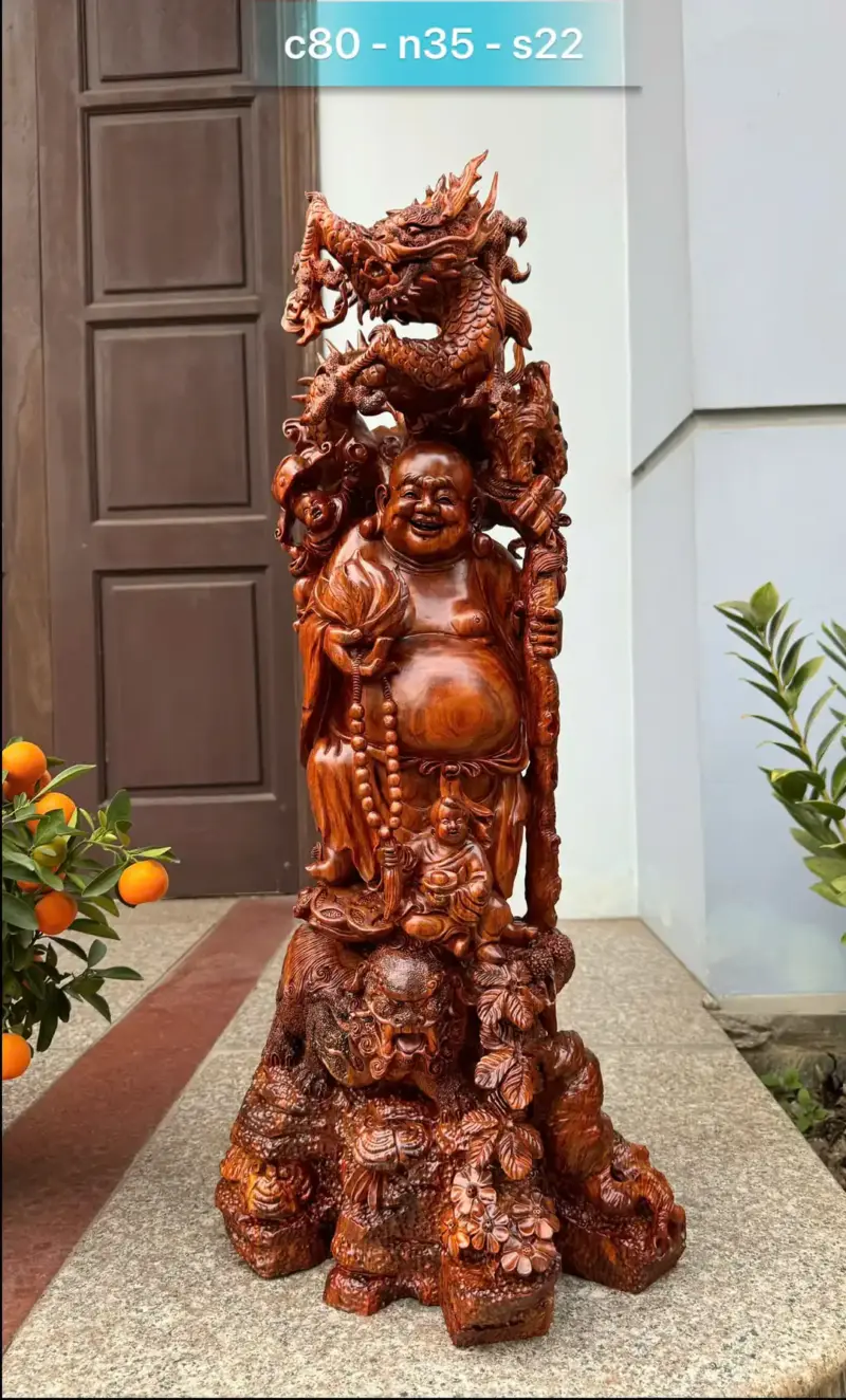 Tượng Di Lặc Rồng Đứng Nghê Hàng Kỹ Đẹp Gỗ Sưa Bắc Đỏ Vip Liền Khối G5309
