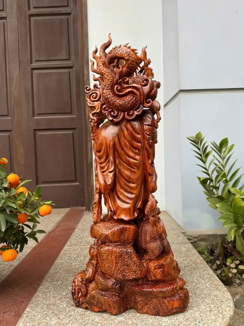 Tượng Di Lặc Rồng Đứng Nghê Hàng Kỹ Đẹp Gỗ Sưa Bắc Đỏ Vip Liền Khối G5309