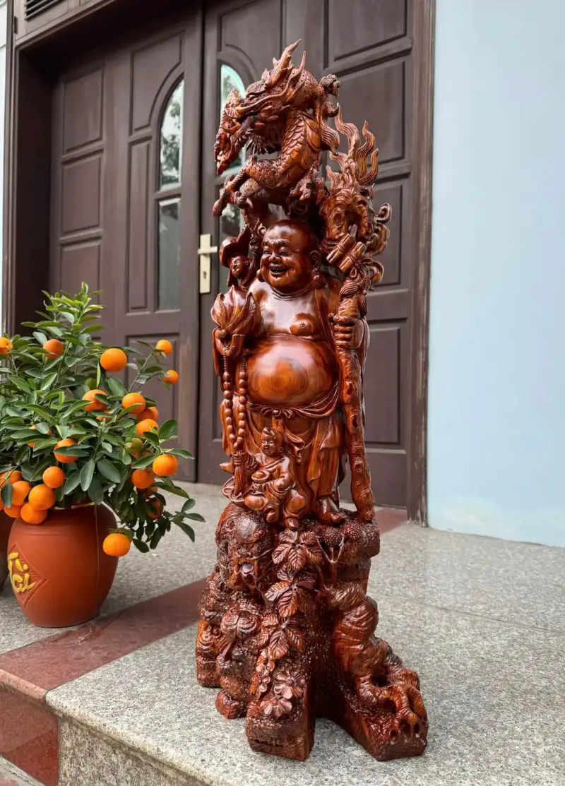 Tượng Di Lặc Rồng Đứng Nghê Hàng Kỹ Đẹp Gỗ Sưa Bắc Đỏ Vip Liền Khối G5309