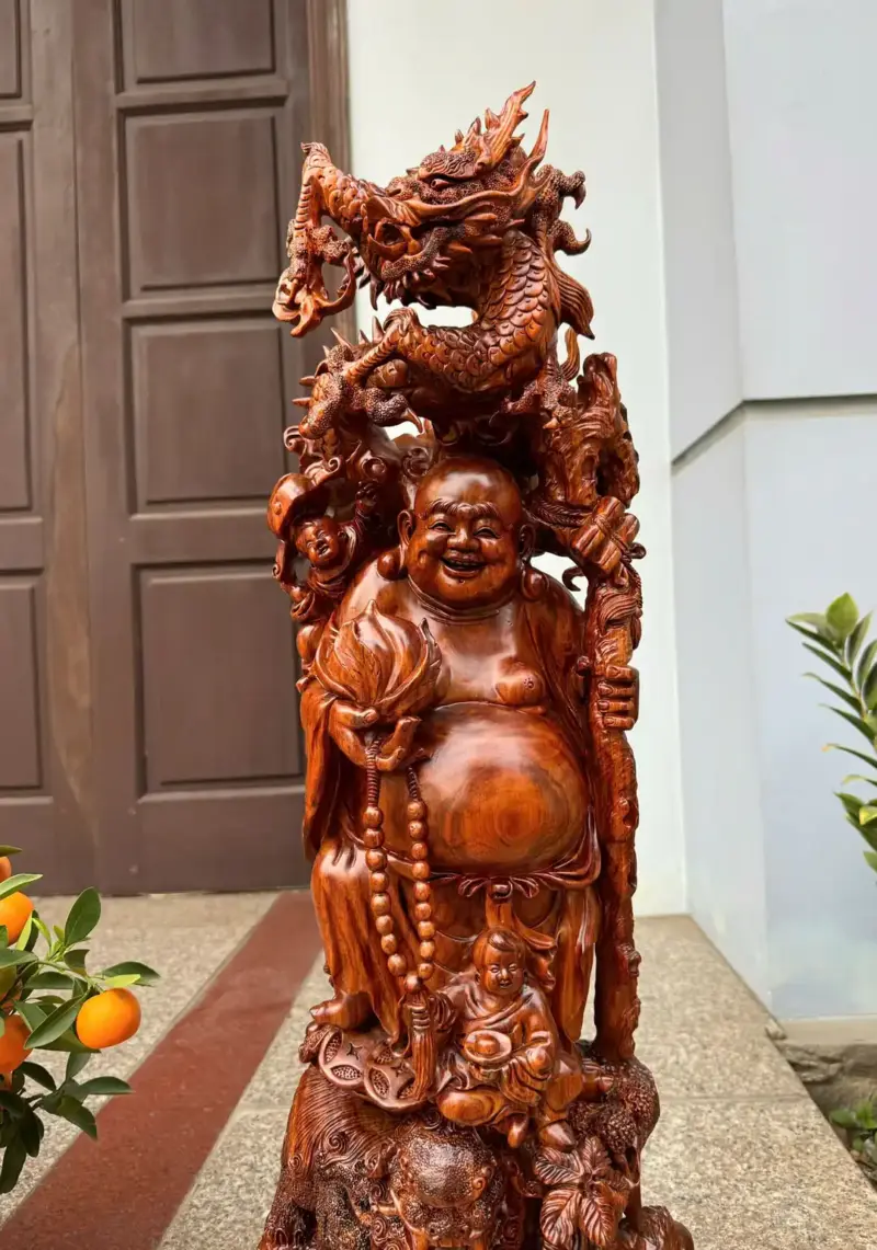 Tượng Di Lặc Rồng Đứng Nghê Hàng Kỹ Đẹp Gỗ Sưa Bắc Đỏ Vip Liền Khối G5309