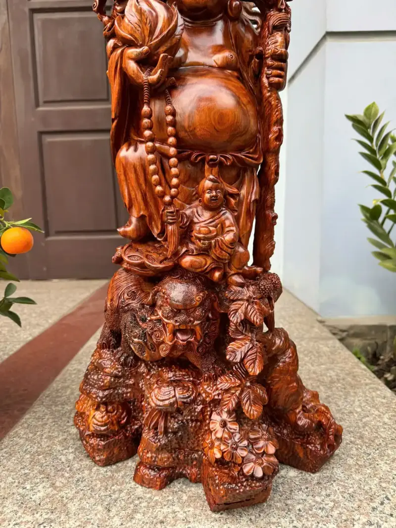 Tượng Di Lặc Rồng Đứng Nghê Hàng Kỹ Đẹp Gỗ Sưa Bắc Đỏ Vip Liền Khối G5309