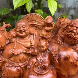 Tượng Di Lặc Tam Phúc Để Bàn Gỗ Nu Ngọc Am Thơm Liền Khối G5313