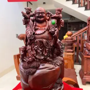 Tượng Di Lặc Tam Phúc Gỗ Tử Đàn Liền Khối Đục Kỹ Nét G5060