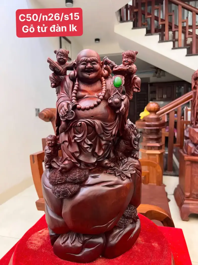Tượng Di Lặc Tam Phúc Gỗ Tử Đàn Liền Khối Đục Kỹ Nét G5060