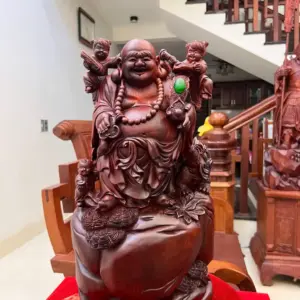 Tượng Di Lặc Tam Phúc Gỗ Tử Đàn Liền Khối Đục Kỹ Nét G5060