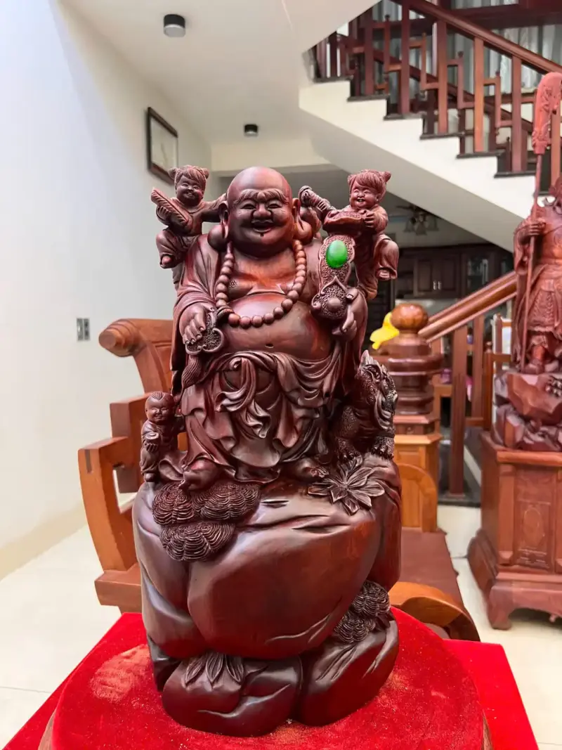 Tượng Di Lặc Tam Phúc Gỗ Tử Đàn Liền Khối Đục Kỹ Nét G5060