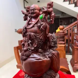 Tượng Di Lặc Tam Phúc Gỗ Tử Đàn Liền Khối Đục Kỹ Nét G5060