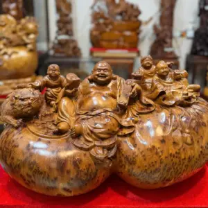 Tượng Di Lặc Tam Phúc Thuần Nghê Gỗ Nu Ngọc Am Hàng Đẹp Liền Khối Tặng Kỷ Đỏ G5311