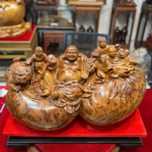 Tượng Di Lặc Tam Phúc Thuần Nghê Gỗ Nu Ngọc Am Hàng Đẹp Liền Khối Tặng Kỷ Đỏ G5311