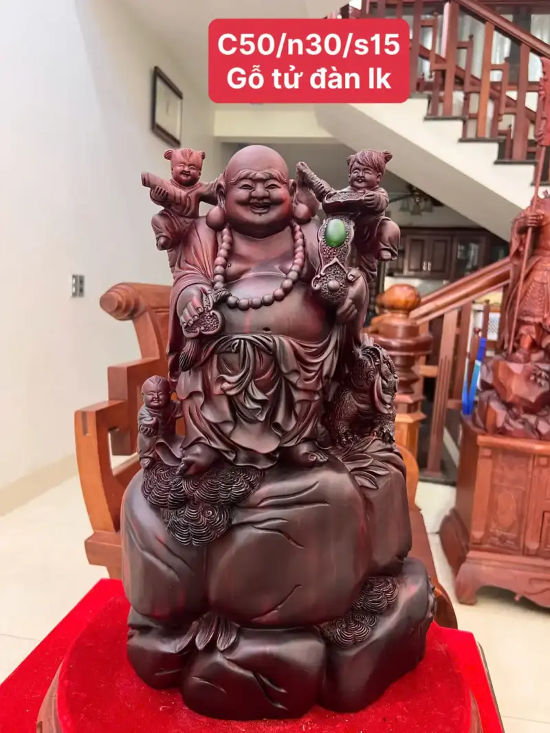 Tượng Di Lặc Tam Phúc Thuần Nghê Gỗ Tử Đàn Liền Khối Đục Kỹ Đẹp G5116