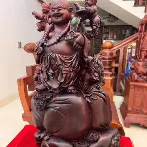 Tượng Di Lặc Tam Phúc Thuần Nghê Gỗ Tử Đàn Liền Khối Đục Kỹ Đẹp G5116