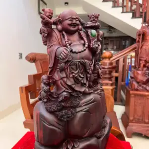 Tượng Di Lặc Tam Phúc Thuần Nghê Gỗ Tử Đàn Liền Khối Đục Kỹ Đẹp G5116