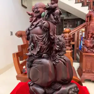 Tượng Di Lặc Tam Phúc Thuần Nghê Gỗ Tử Đàn Liền Khối Đục Kỹ Đẹp G5116