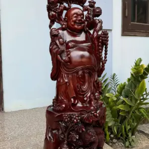 Tượng Di Lặc Tam Phúc Thuần Nghê Hàng Kỹ Đẹp Trạm Tay Sắc Nét Gỗ Tử Đàn Liền Khối G5312