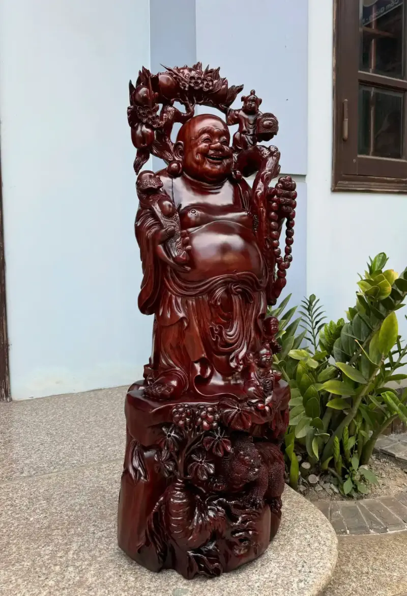 Tượng Di Lặc Tam Phúc Thuần Nghê Hàng Kỹ Đẹp Trạm Tay Sắc Nét Gỗ Tử Đàn Liền Khối G5312