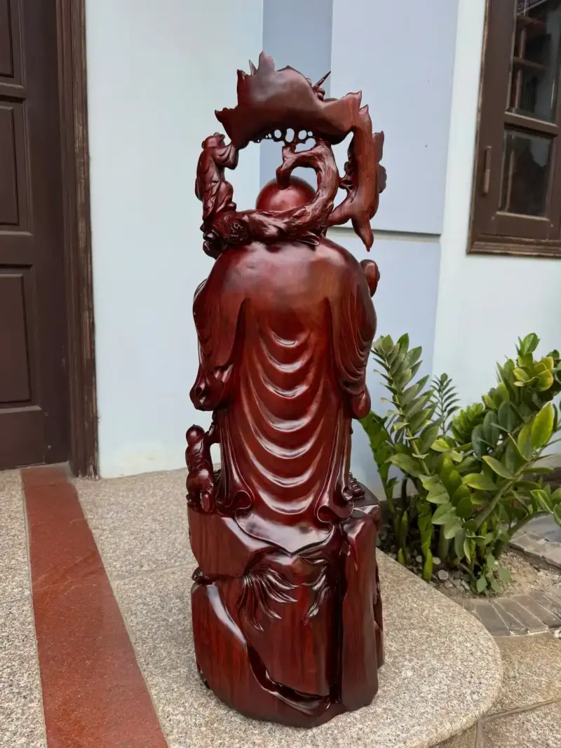 Tượng Di Lặc Tam Phúc Thuần Nghê Hàng Kỹ Đẹp Trạm Tay Sắc Nét Gỗ Tử Đàn Liền Khối G5312