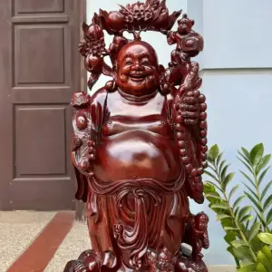 Tượng Di Lặc Tam Phúc Thuần Nghê Hàng Kỹ Đẹp Trạm Tay Sắc Nét Gỗ Tử Đàn Liền Khối G5312