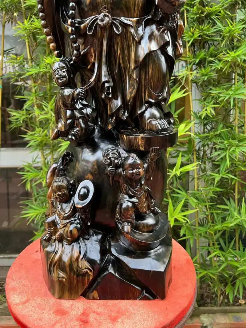 Tượng Di Lặc Đứng Ngũ Phúc Hàng Đục Kỹ Sắc Nét To Nặng Gỗ Mun Hoa Liền Khối G5319
