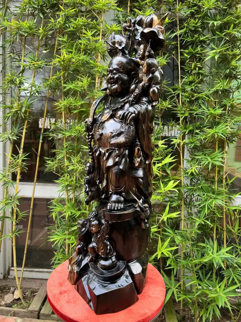 Tượng Di Lặc Đứng Ngũ Phúc Hàng Đục Kỹ Sắc Nét To Nặng Gỗ Mun Hoa Liền Khối G5319