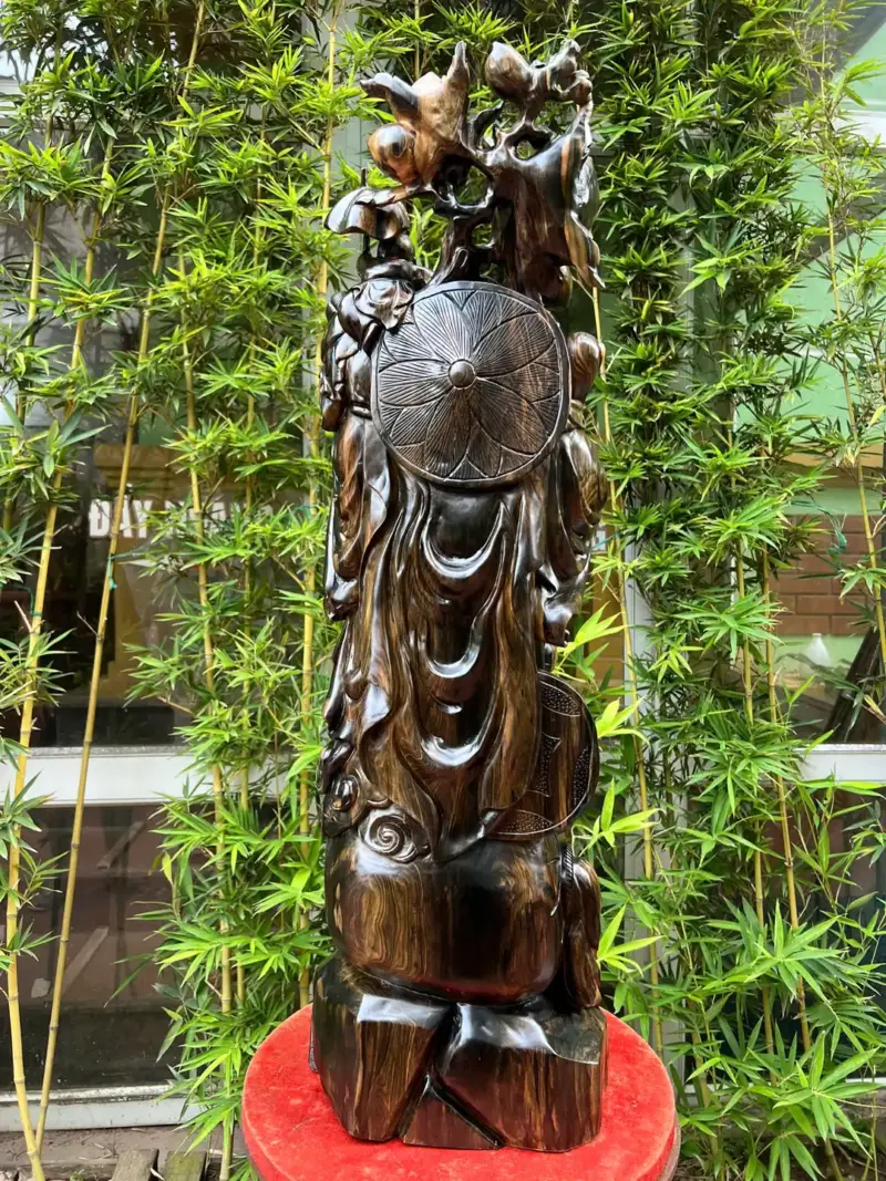 Tượng Di Lặc Đứng Ngũ Phúc Hàng Đục Kỹ Sắc Nét To Nặng Gỗ Mun Hoa Liền Khối G5319