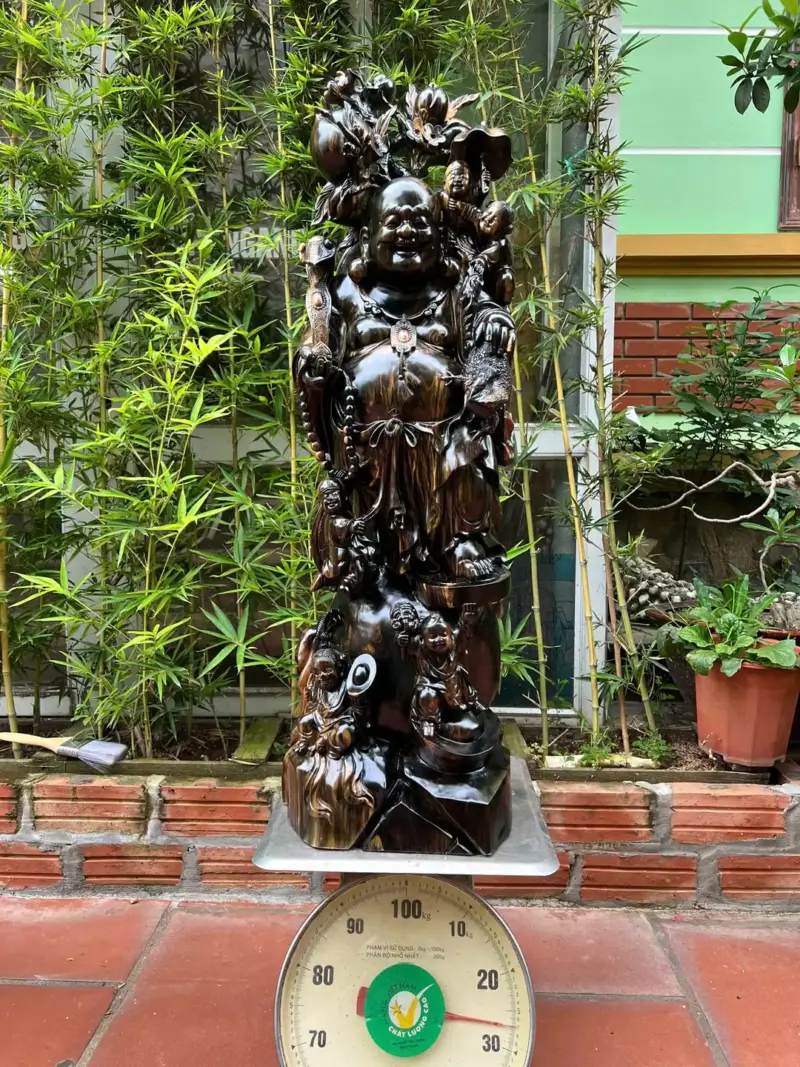 Tượng Di Lặc Đứng Ngũ Phúc Hàng Đục Kỹ Sắc Nét To Nặng Gỗ Mun Hoa Liền Khối G5319