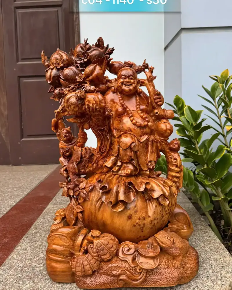 Tượng Di Lặc Vác Cành Đào Nu Ngọc Am Đẹp Liền Khối G5316