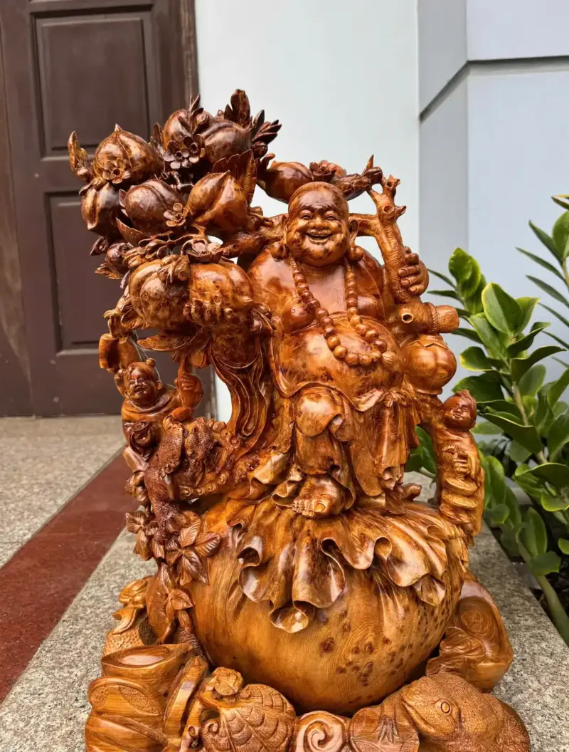 Tượng Di Lặc Vác Cành Đào Nu Ngọc Am Đẹp Liền Khối G5316