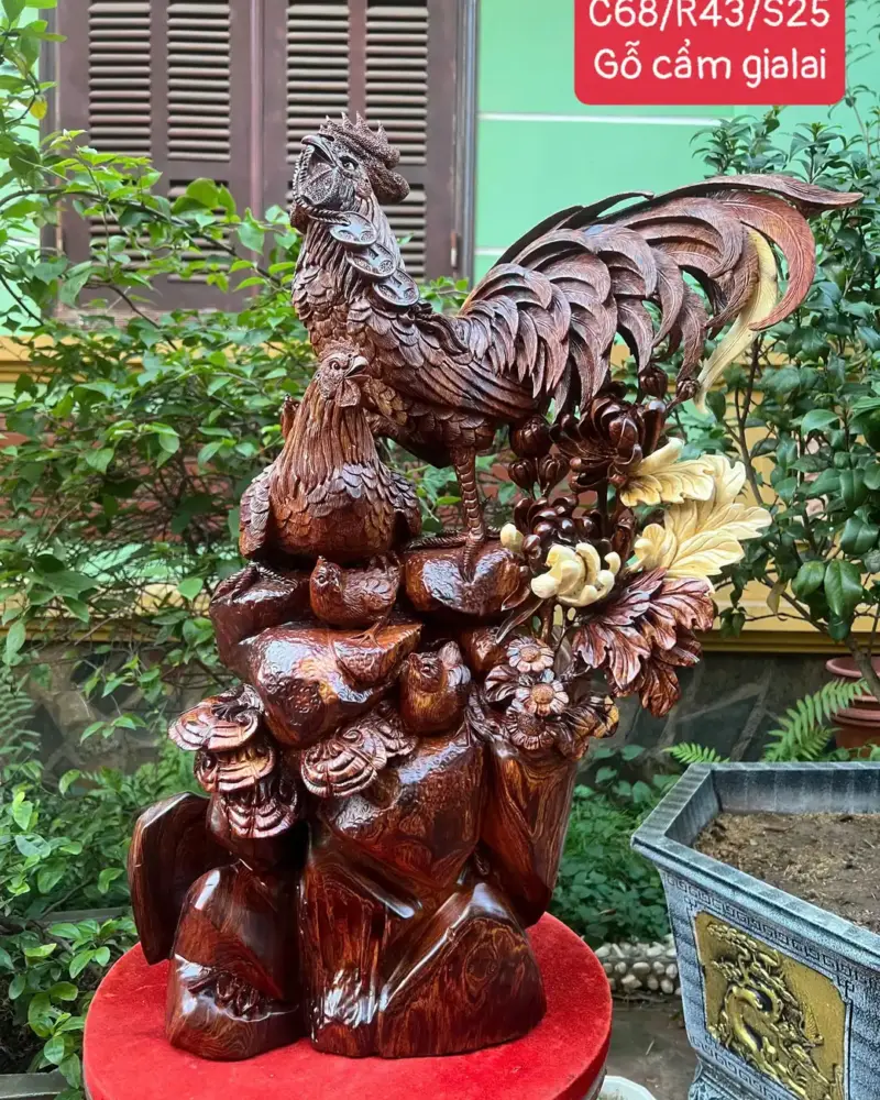 Tượng Gia Đình Gà Gỗ Cẩm Gia Lai Hàng Đẹp Liền Khối G5322