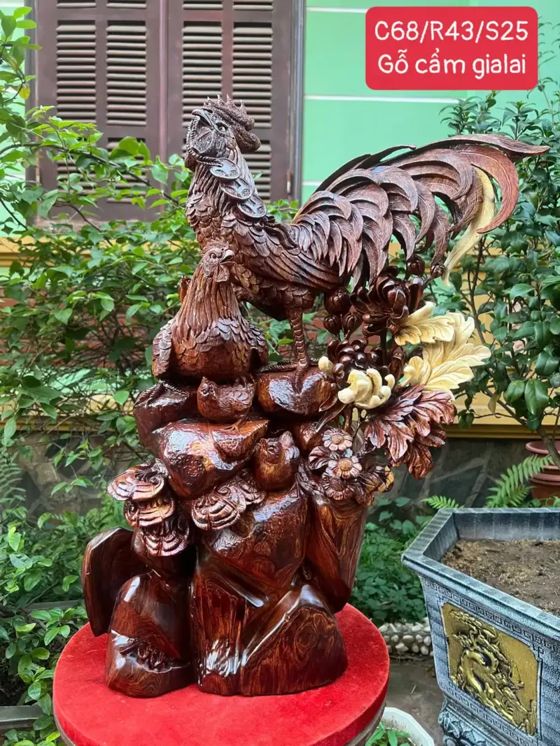 Tượng Gia Đình Gà Gỗ Cẩm Gia Lai Hàng Đẹp Liền Khối G5322