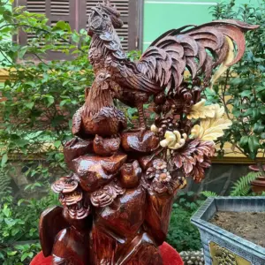 Tượng Gia Đình Gà Gỗ Cẩm Gia Lai Hàng Đẹp Liền Khối G5322