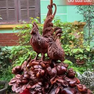 Tượng Gia Đình Gà Gỗ Sưa Bắc Đỏ Hàng Kỹ Liền Khối G5323