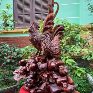 Tượng Gia Đình Gà Gỗ Sưa Bắc Đỏ Hàng Kỹ Liền Khối G5323