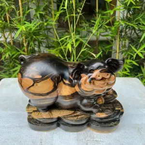 Tượng Heo Lằm Tiền Vàng Gỗ Mun Hoa Hàng Đẹp Liền Khối G5329