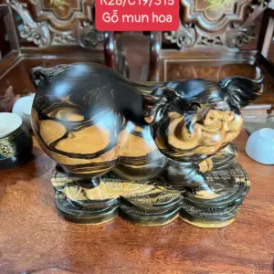Tượng Heo Lằm Tiền Vàng Gỗ Mun Hoa Liền Khối G5330