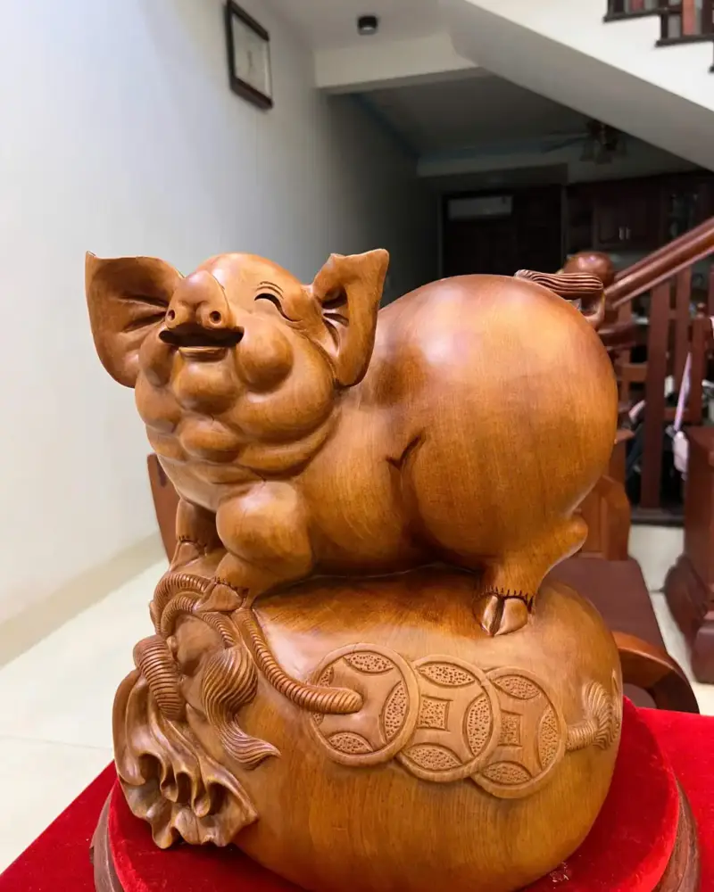 Tượng Heo Nằm Bao Tiền Gỗ Ngọc Am Liền Khối G5073