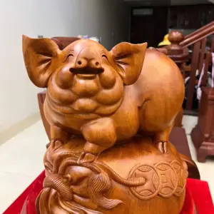 Tượng Heo Nằm Bao Tiền Gỗ Ngọc Am Liền Khối G5073