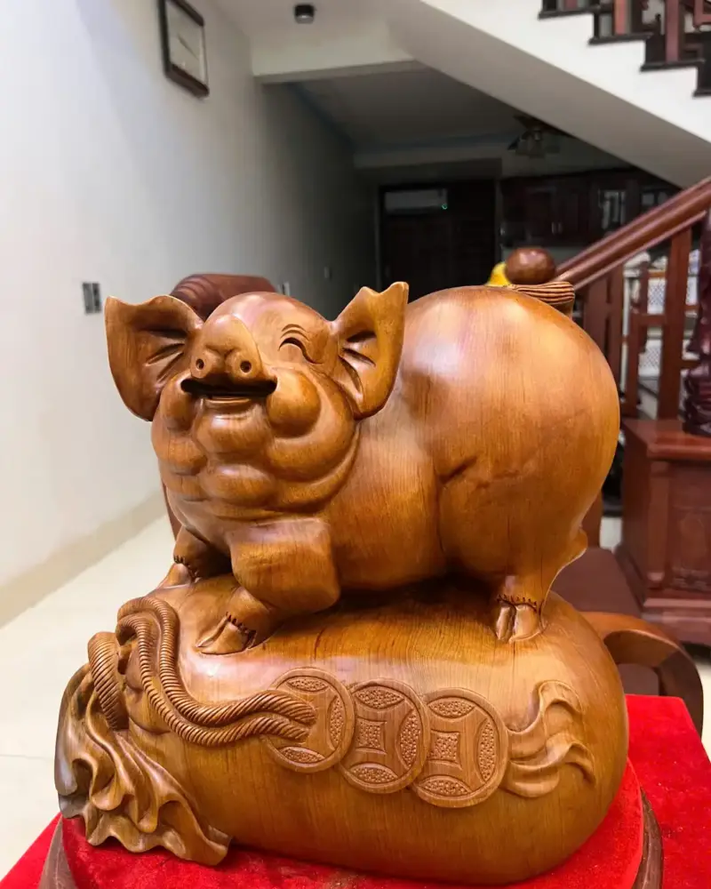 Tượng Heo Nằm Bao Tiền Gỗ Ngọc Am Liền Khối G5093