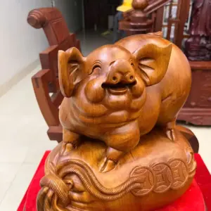 Tượng Heo Nằm Bao Tiền Gỗ Ngọc Am Liền Khối G5093