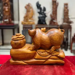Tượng Heo Tiền Vàng Gỗ Hương Liền Khối G5331