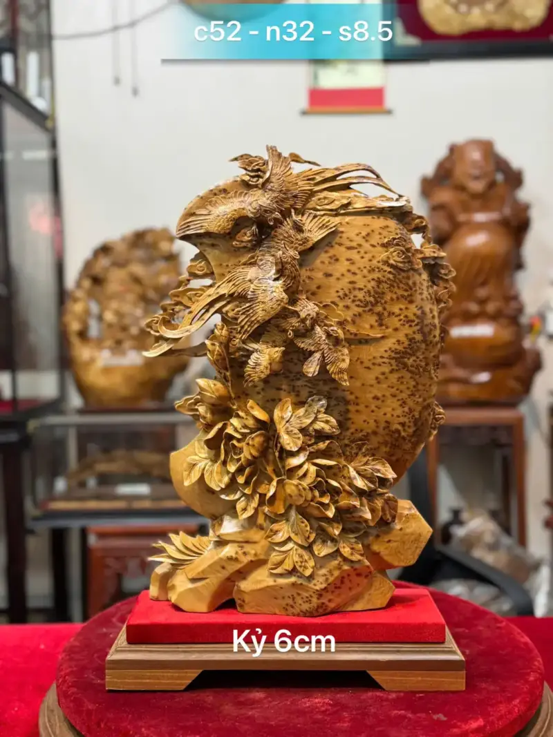 Tượng Ngũ Điểu Chầu Nguyệt Gỗ Nu Ngọc Am Hàng Kỹ Đẹp Liền Khối G5336