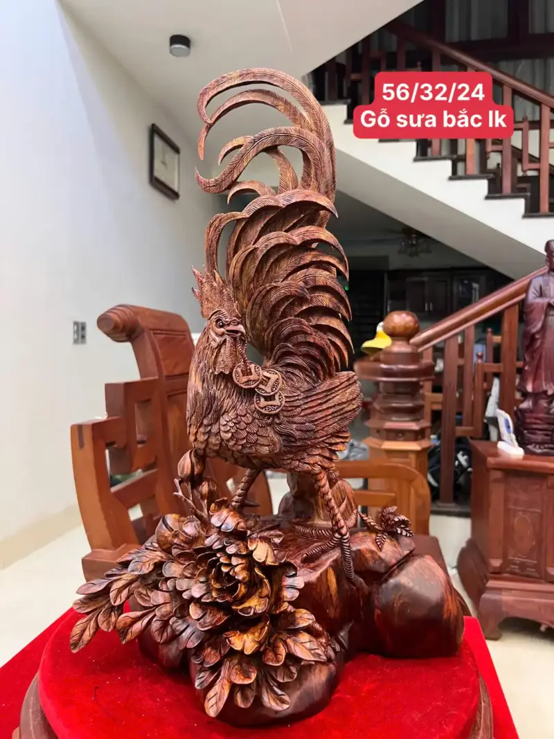 Tượng Nhất Kê Gỗ Sưa Bắc Liền Khối Chất Gỗ Già Tím Lịm Hàng Nghệ Nhân Tắc Kê G5013
