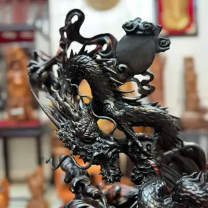 Tượng Nhất Long Vờn Ngọc Gỗ Trắc Hàng Đẹp Liền Khối G5342