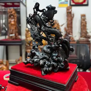Tượng Nhất Long Vờn Ngọc Gỗ Trắc Hàng Đẹp Liền Khối G5342
