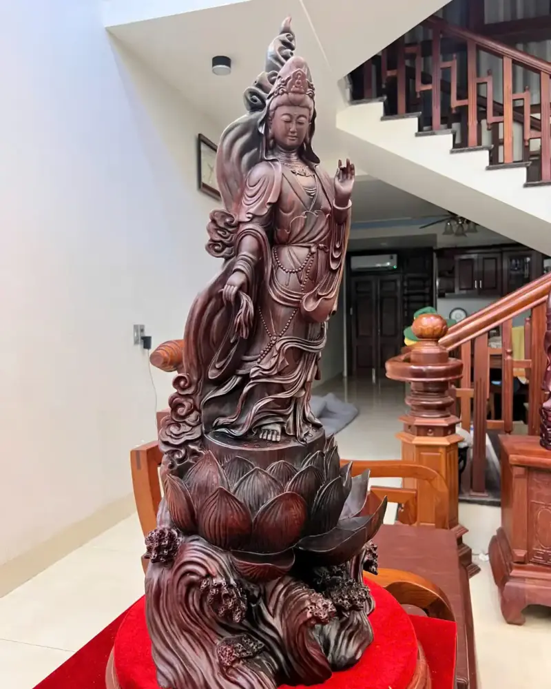 Tượng Phật Bà Gỗ Trắc Việt Hàng Kỹ Liền Khối G5059