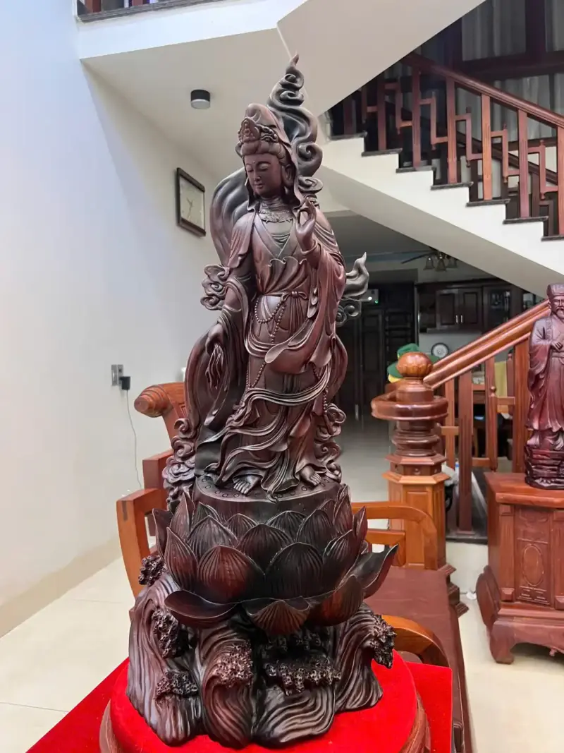 Tượng Phật Bà Gỗ Trắc Việt Hàng Kỹ Liền Khối G5059