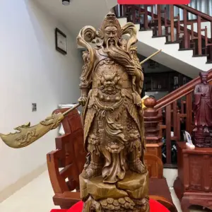 Tượng Quan Công Sách Đao Gỗ Trắc Xanh Liền Khối Hàng Đục Kỹ G5023