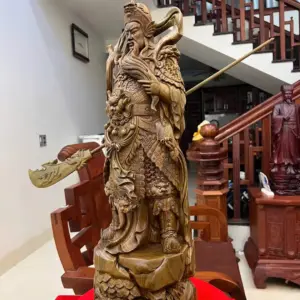 Tượng Quan Công Sách Đao Gỗ Trắc Xanh Liền Khối Hàng Đục Kỹ G5023