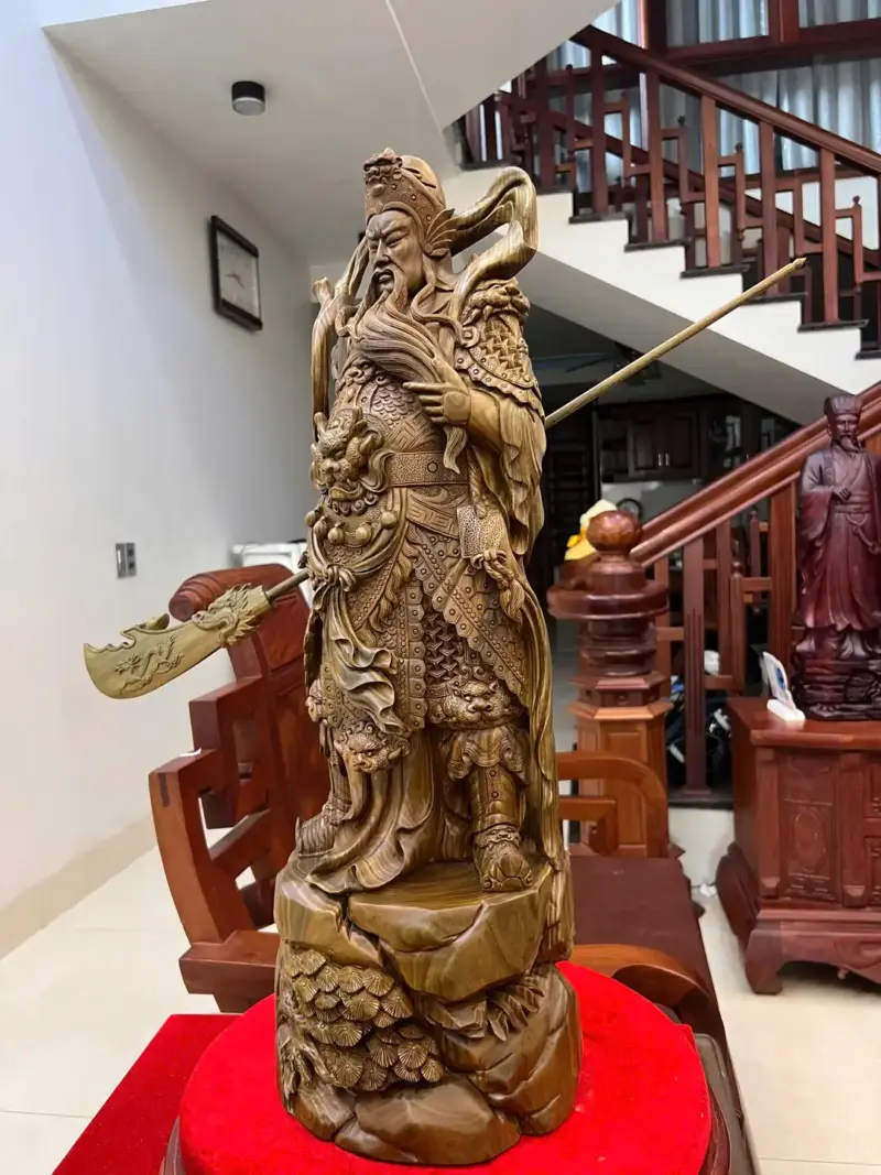 Tượng Quan Công Sách Đao Gỗ Trắc Xanh Liền Khối Hàng Đục Kỹ G5023